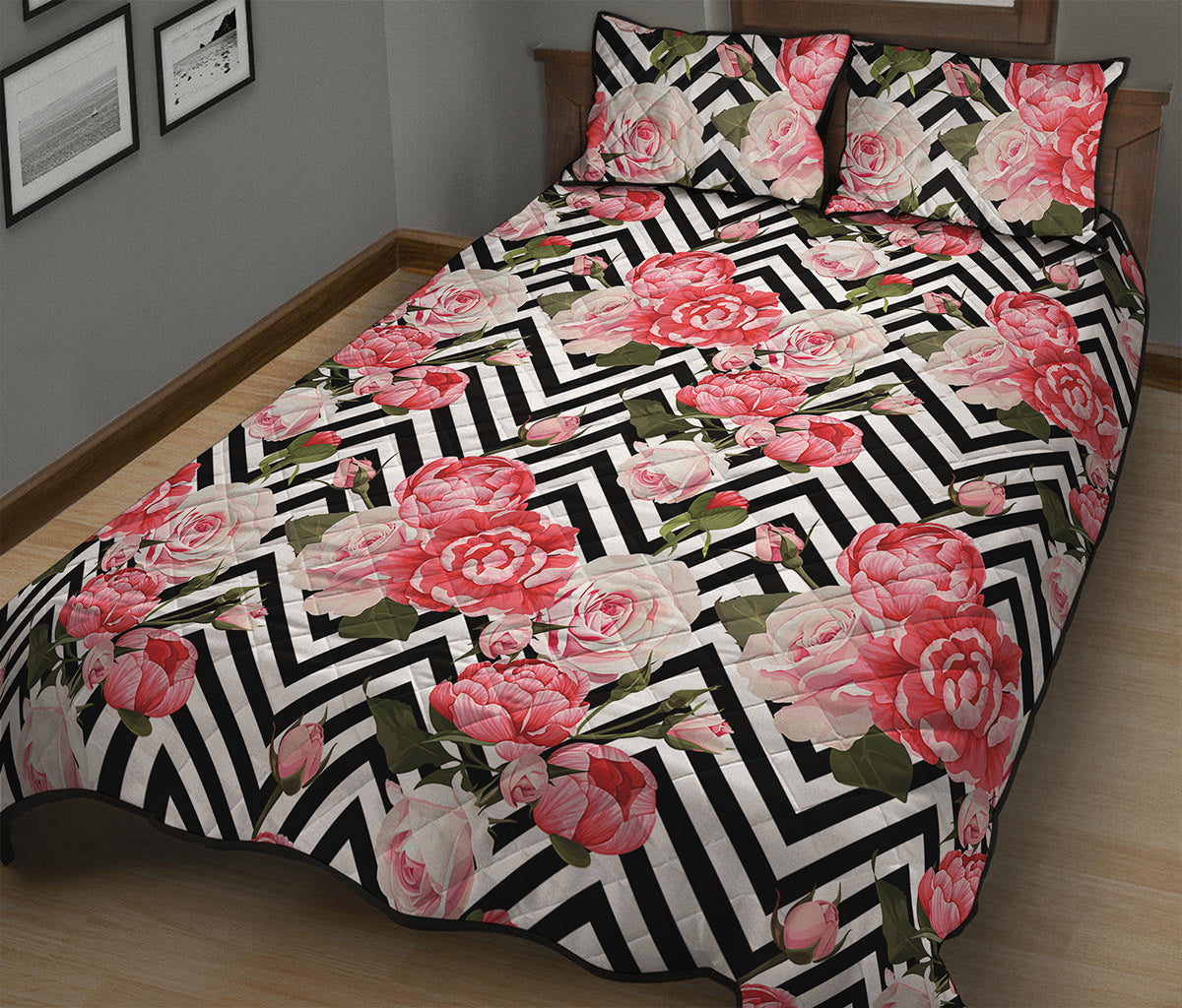 Zigzag Peony And Rose Pattern Print Quilt Bed Set