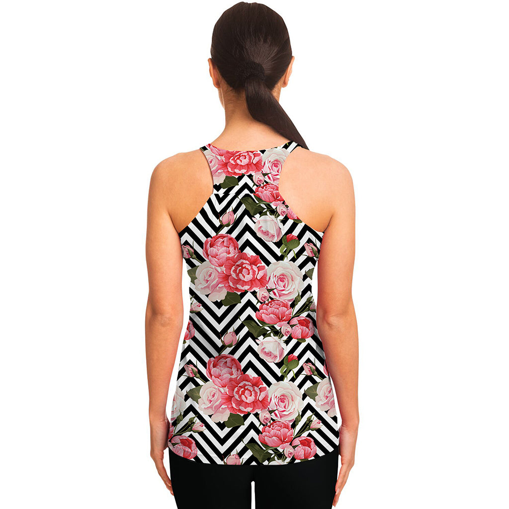 Zigzag Peony And Rose Pattern Print Women's Racerback Tank Top