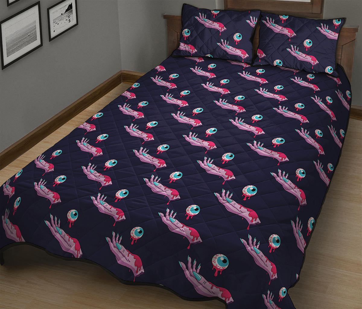 Zombie Eyeball Pattern Print Quilt Bed Set