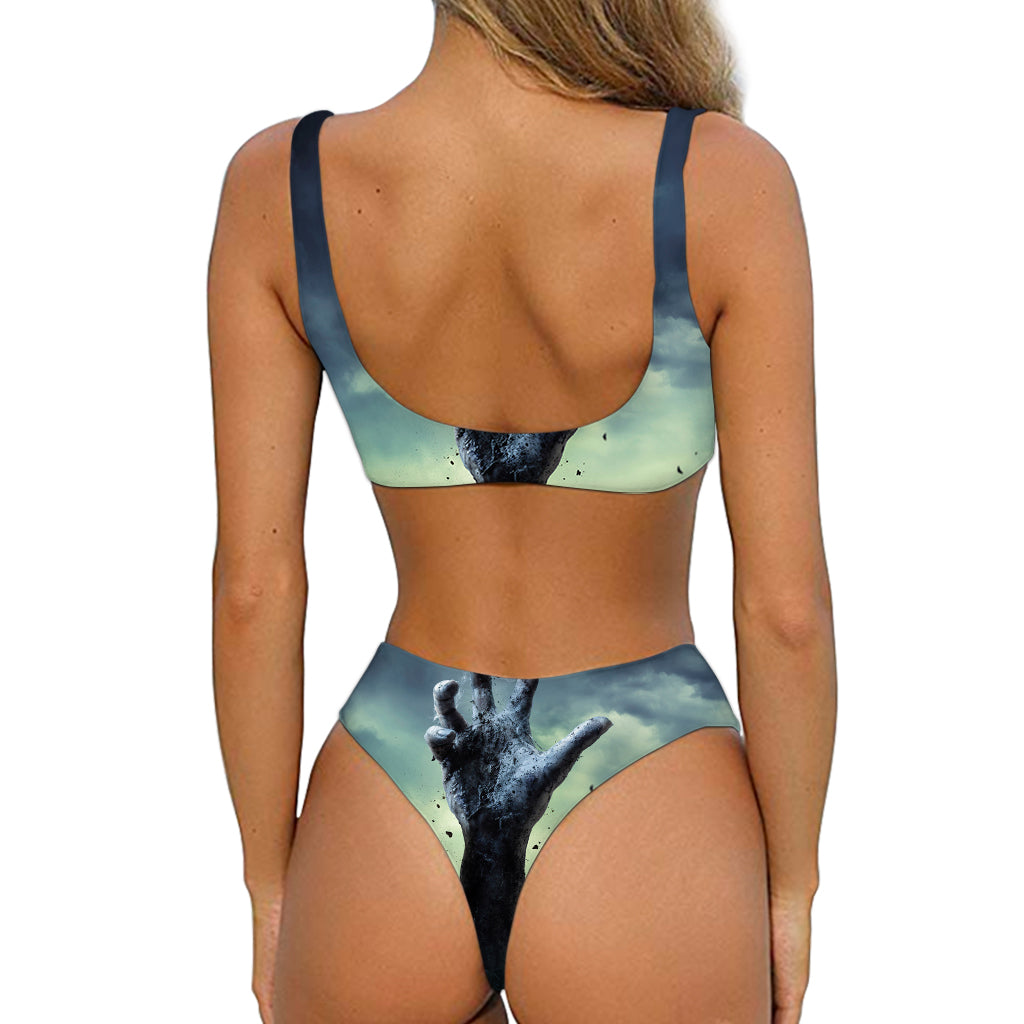 Zombie Hand Rising From Grave Print Front Bow Tie Bikini