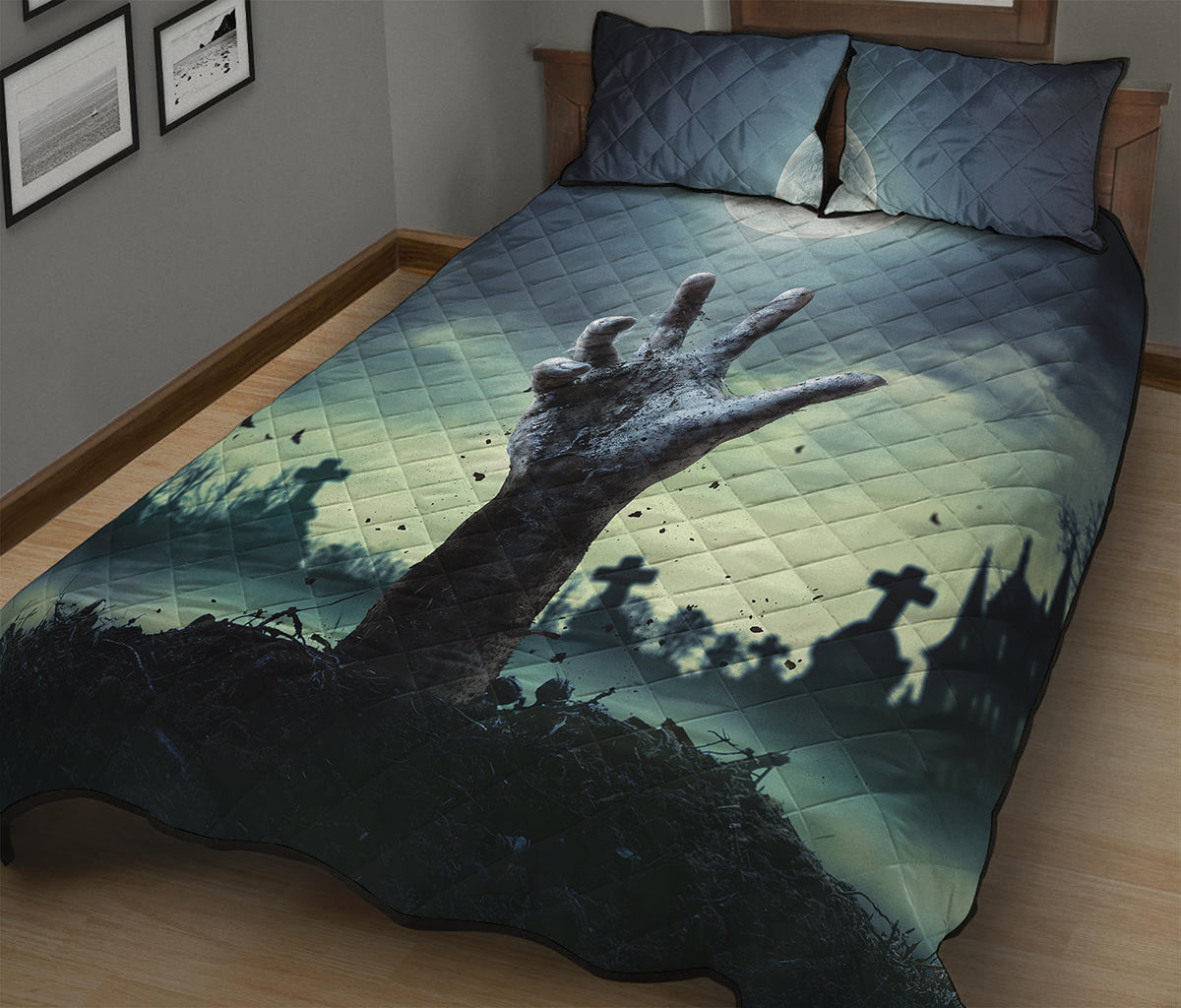 Zombie Hand Rising From Grave Print Quilt Bed Set