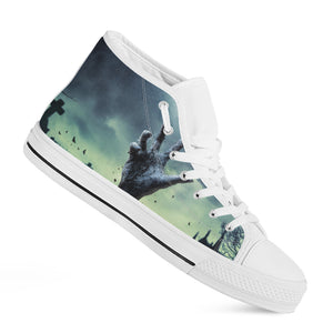 Zombie Hand Rising From Grave Print White High Top Shoes