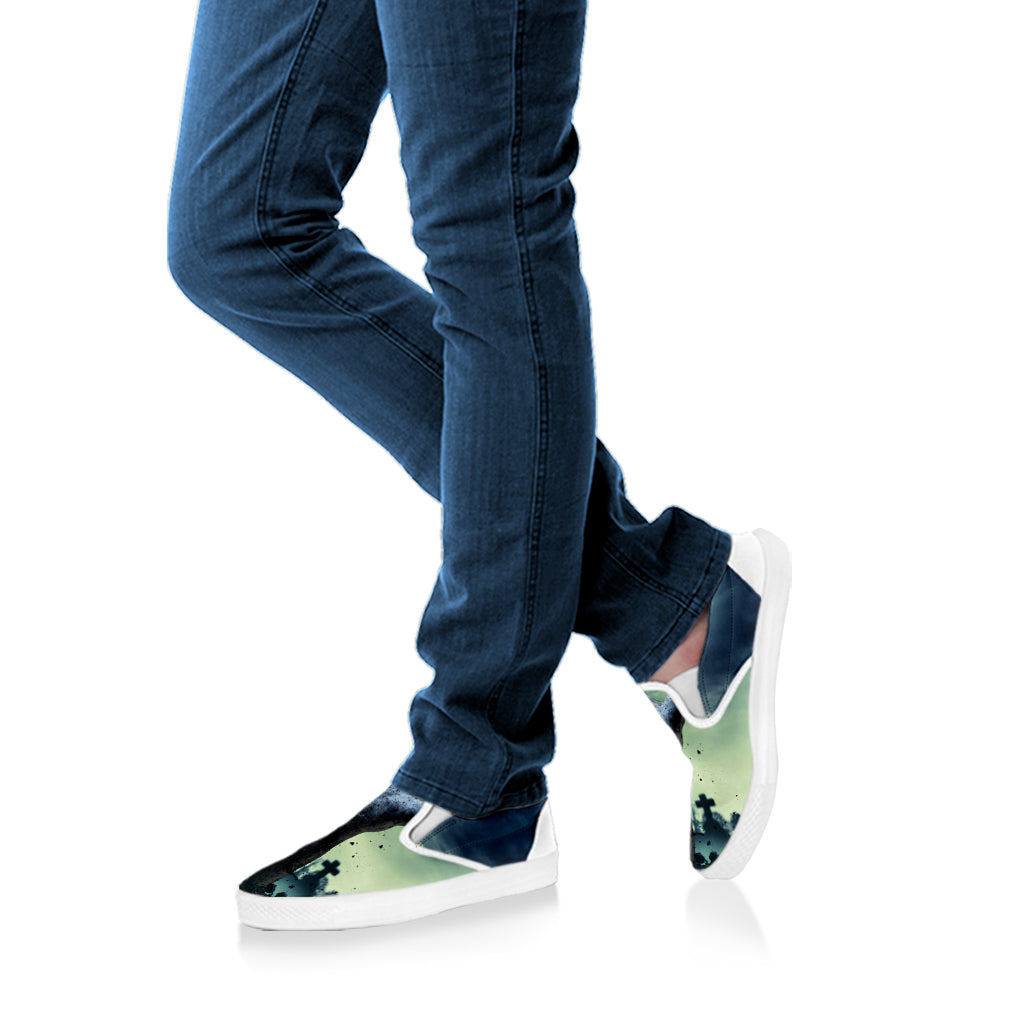 Zombie Hand Rising From Grave Print White Slip On Shoes