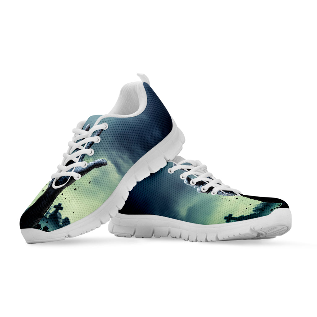 Zombie Hand Rising From Grave Print White Sneakers
