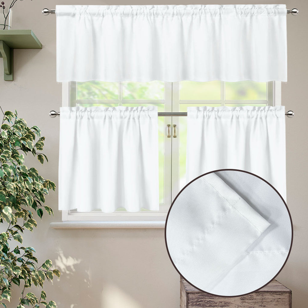Brown And White Gingham Pattern Print 3 Piece Kitchen Curtains
