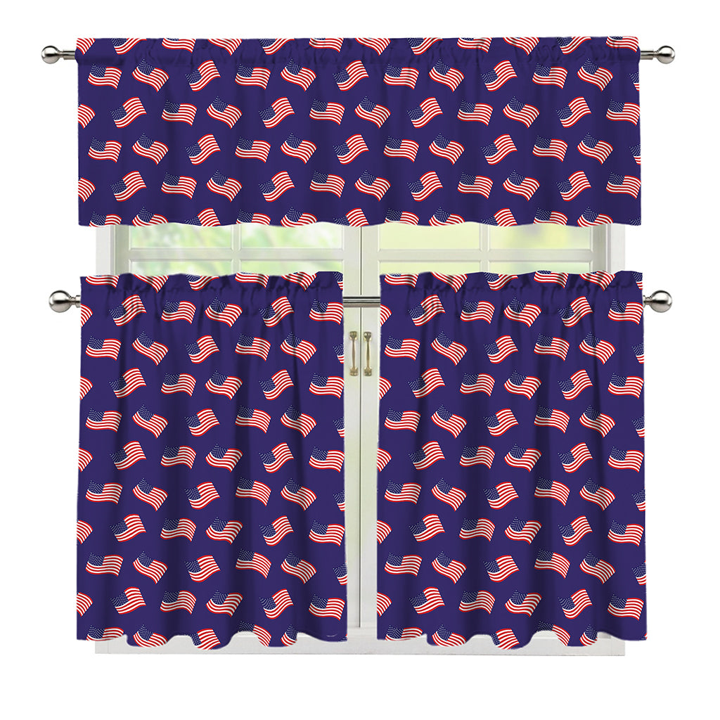 4th of July American Flag Pattern Print 3 Piece Kitchen Curtains
