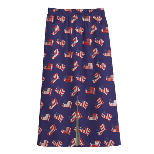 4th of July American Flag Pattern Print Cotton Front Slit Maxi Skirt