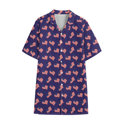 4th of July American Flag Pattern Print Cotton Hawaiian Shirt