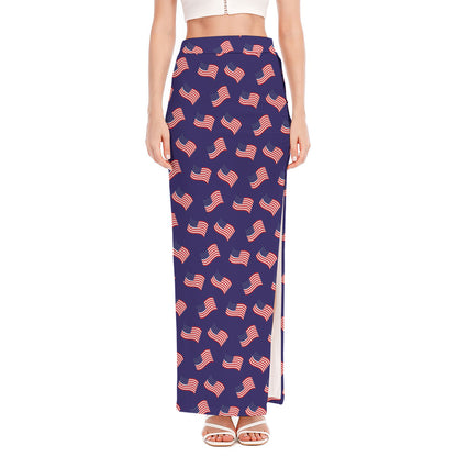 4th of July American Flag Pattern Print High Slit Maxi Skirt