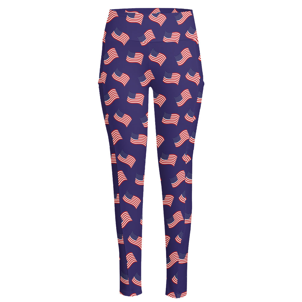 4th of July American Flag Pattern Print High-Waisted Pocket Leggings