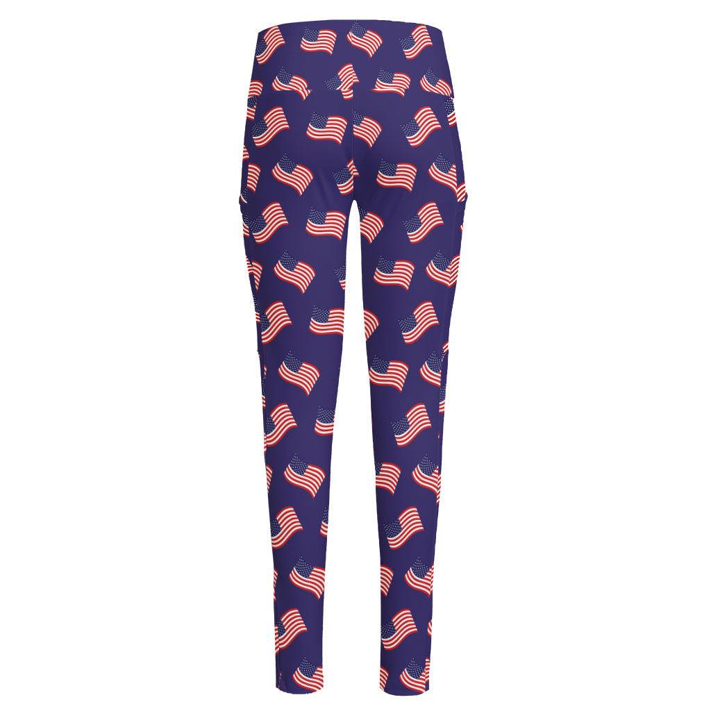 4th of July American Flag Pattern Print High-Waisted Pocket Leggings