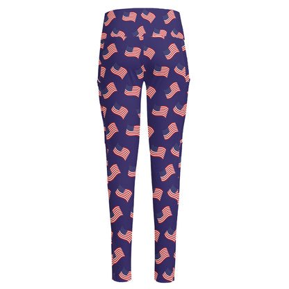 4th of July American Flag Pattern Print High-Waisted Pocket Leggings