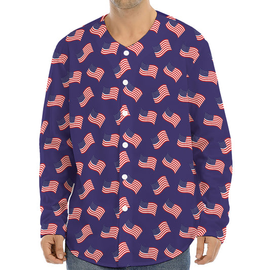 4th of July American Flag Pattern Print Long Sleeve Baseball Jersey