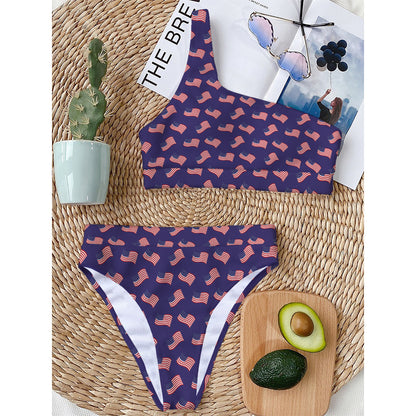 4th of July American Flag Pattern Print One Shoulder Bikini Top