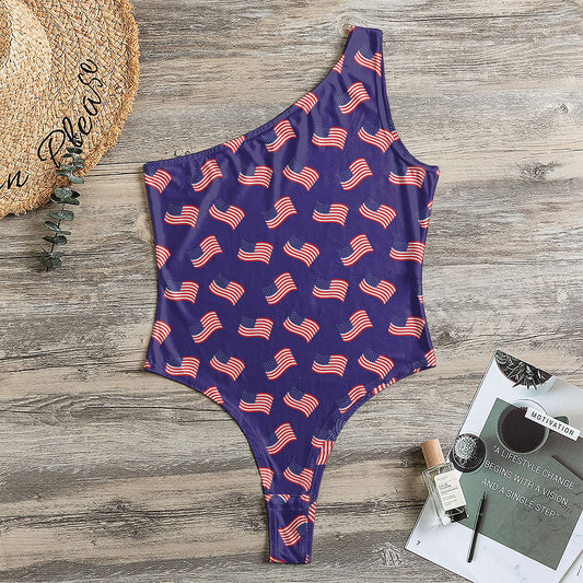 4th of July American Flag Pattern Print One Shoulder Bodysuit