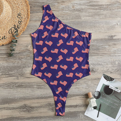 4th of July American Flag Pattern Print One Shoulder Bodysuit