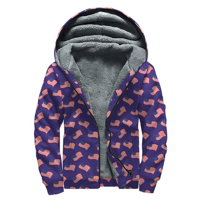 4th of July American Flag Pattern Print Sherpa Lined Zip Up Hoodie