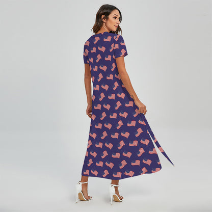 4th of July American Flag Pattern Print Short Sleeve Maxi Dress