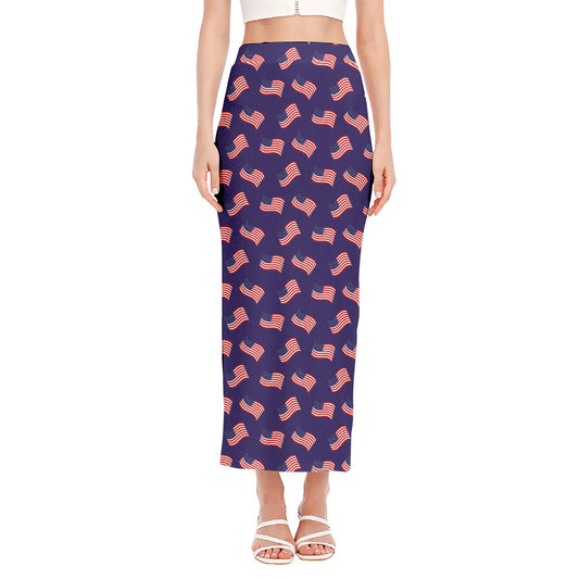 4th of July American Flag Pattern Print Side Slit Maxi Skirt
