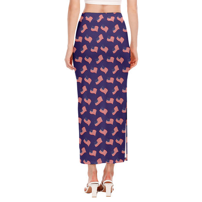 4th of July American Flag Pattern Print Side Slit Maxi Skirt