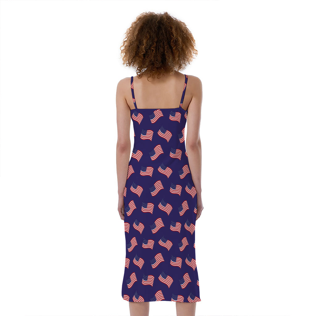 4th of July American Flag Pattern Print Slim Fit Midi Cami Dress