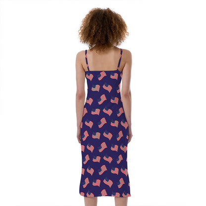 4th of July American Flag Pattern Print Slim Fit Midi Cami Dress