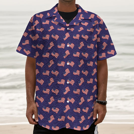4th of July American Flag Pattern Print Textured Short Sleeve Shirt