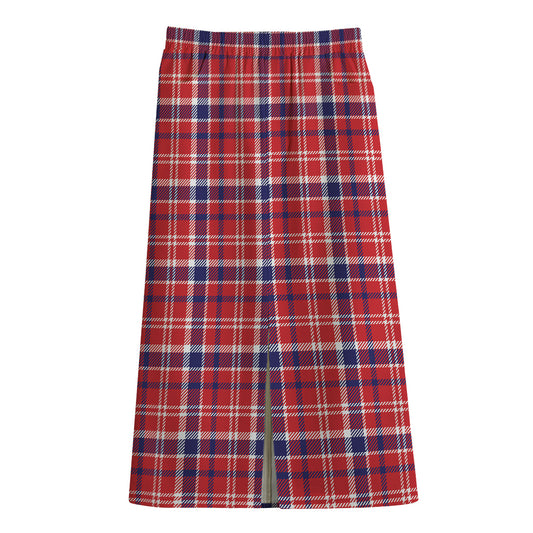 4th of July American Plaid Print Cotton Front Slit Maxi Skirt