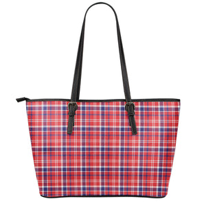 4th of July American Plaid Print Leather Tote Bag