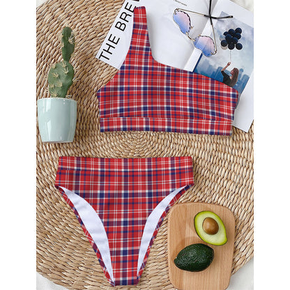 4th of July American Plaid Print One Shoulder Bikini Top