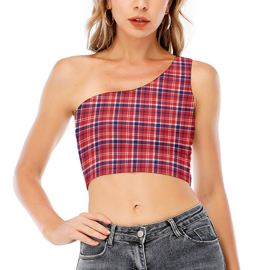 4th of July American Plaid Print One Shoulder Crop Top