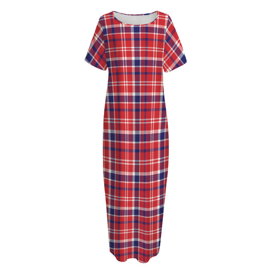 4th of July American Plaid Print Short Sleeve Long Nightdress