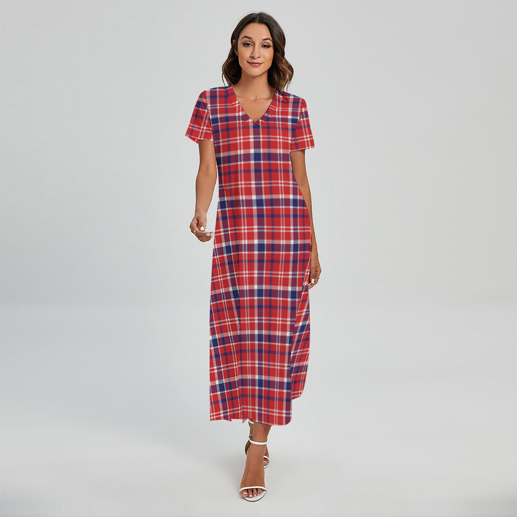 4th of July American Plaid Print Short Sleeve Maxi Dress