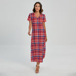 4th of July American Plaid Print Short Sleeve Maxi Dress