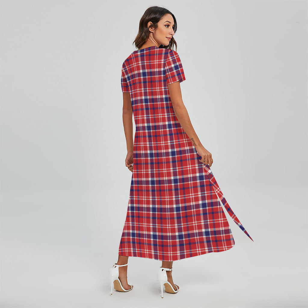 4th of July American Plaid Print Short Sleeve Maxi Dress