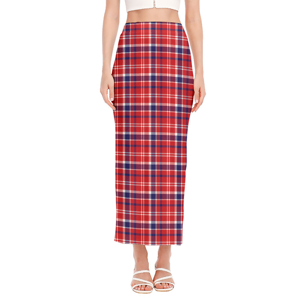 4th of July American Plaid Print Side Slit Maxi Skirt
