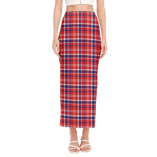 4th of July American Plaid Print Side Slit Maxi Skirt