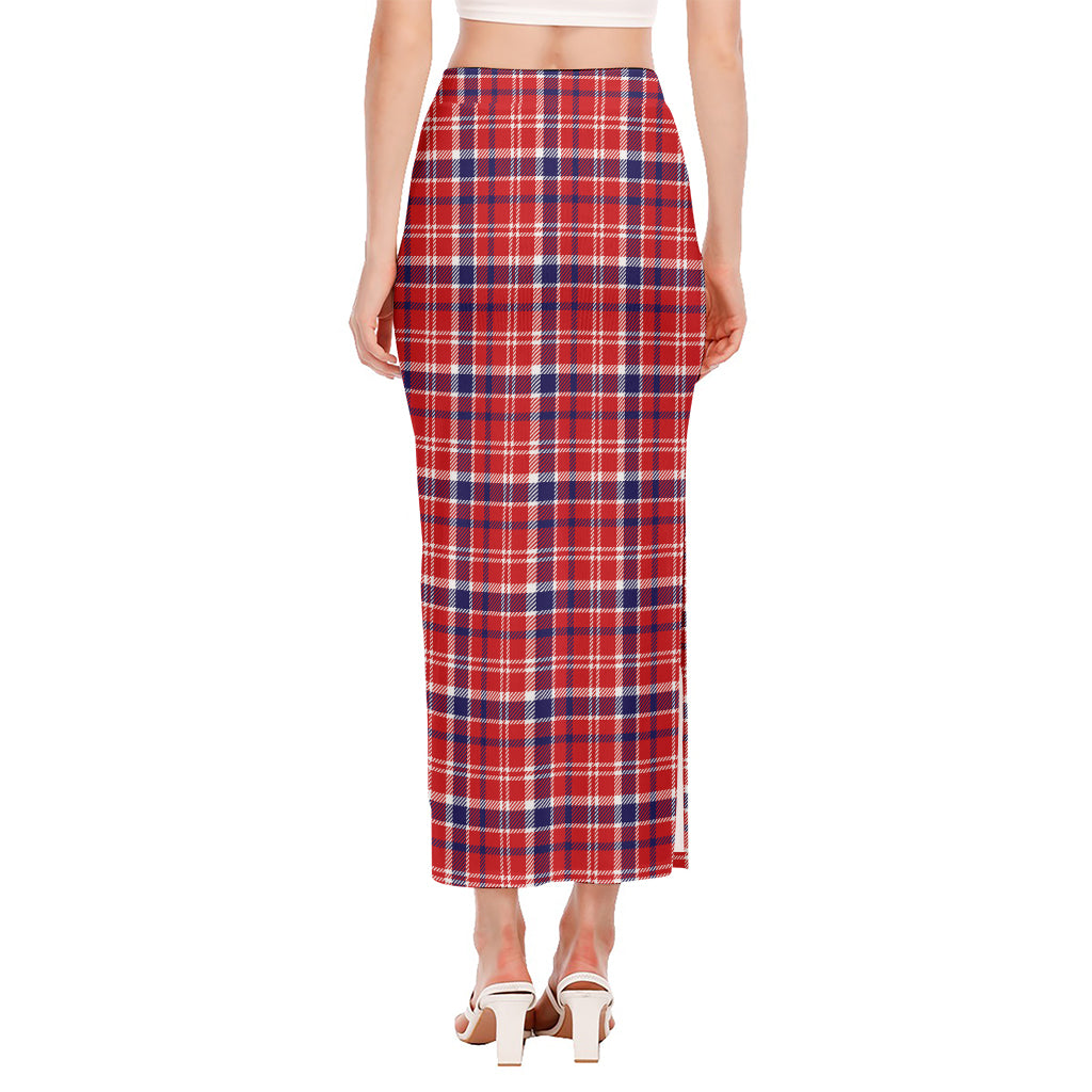 4th of July American Plaid Print Side Slit Maxi Skirt
