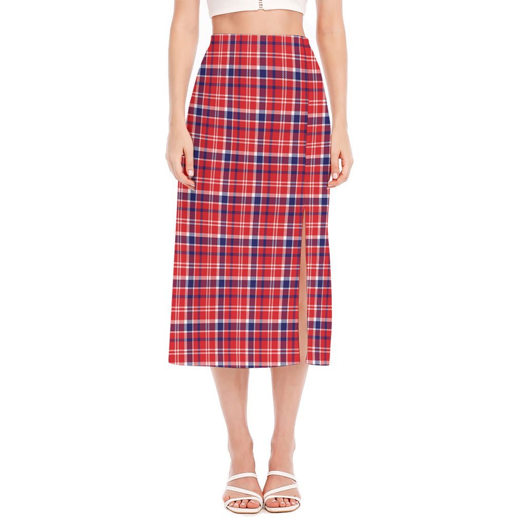 4th of July American Plaid Print Side Slit Midi Skirt