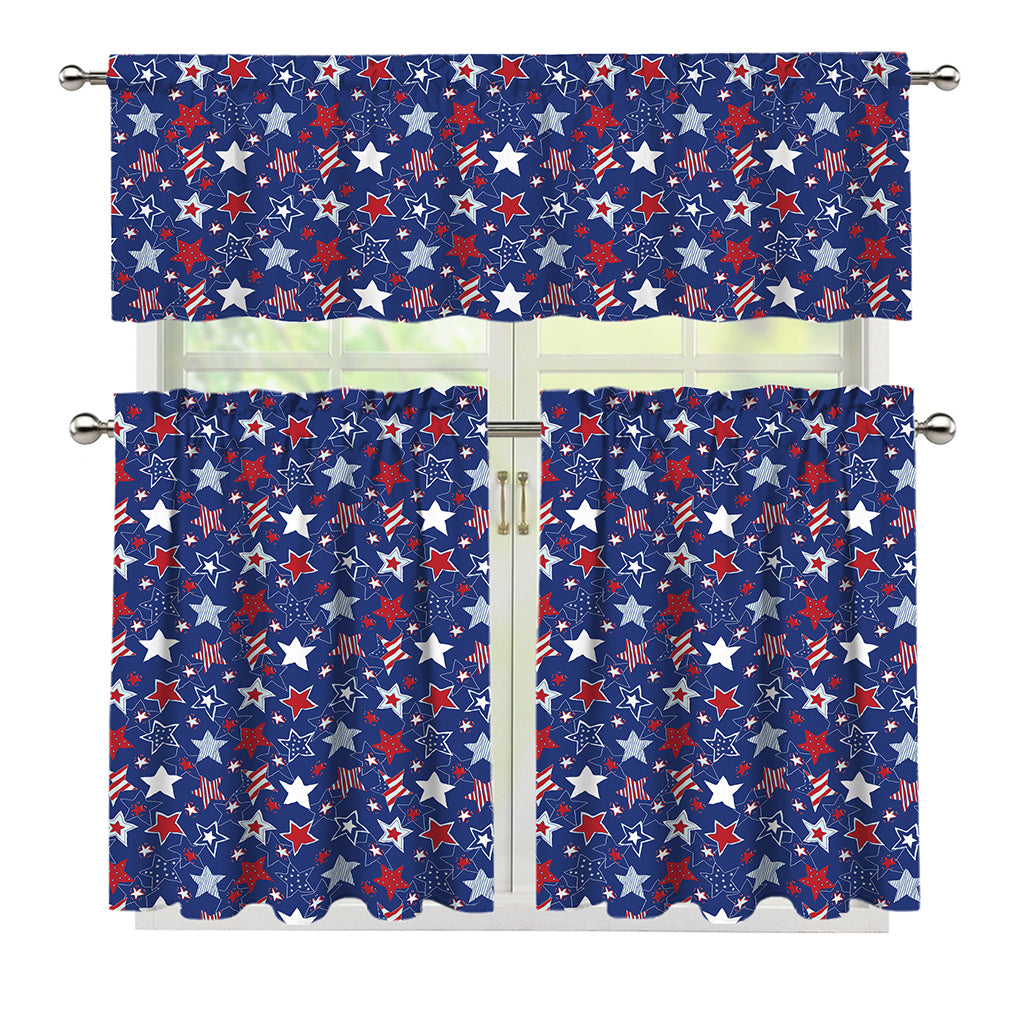 4th of July American Star Pattern Print 3 Piece Kitchen Curtains