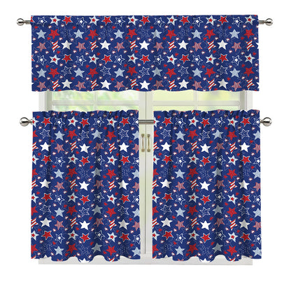 4th of July American Star Pattern Print 3 Piece Kitchen Curtains