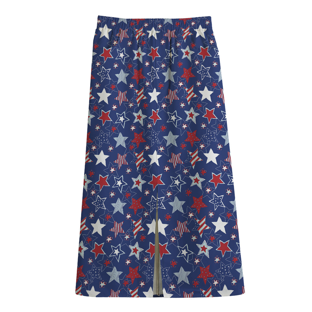 4th of July American Star Pattern Print Cotton Front Slit Maxi Skirt