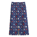 4th of July American Star Pattern Print Cotton Front Slit Maxi Skirt
