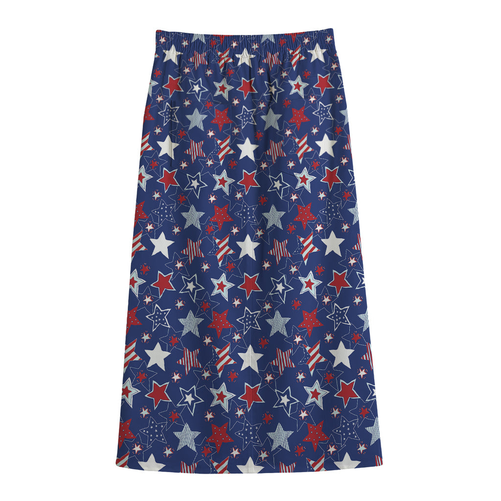 4th of July American Star Pattern Print Cotton Front Slit Maxi Skirt