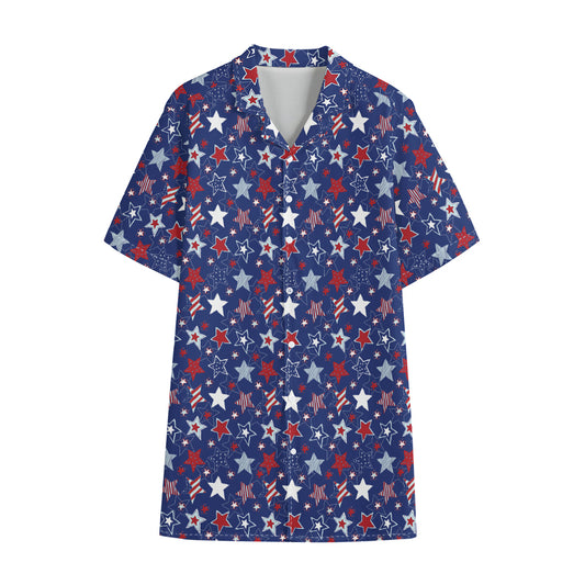 4th of July American Star Pattern Print Cotton Hawaiian Shirt