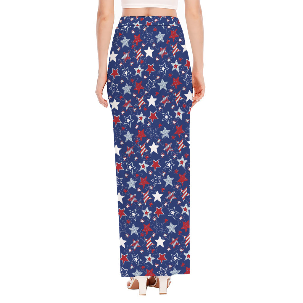 4th of July American Star Pattern Print High Slit Maxi Skirt