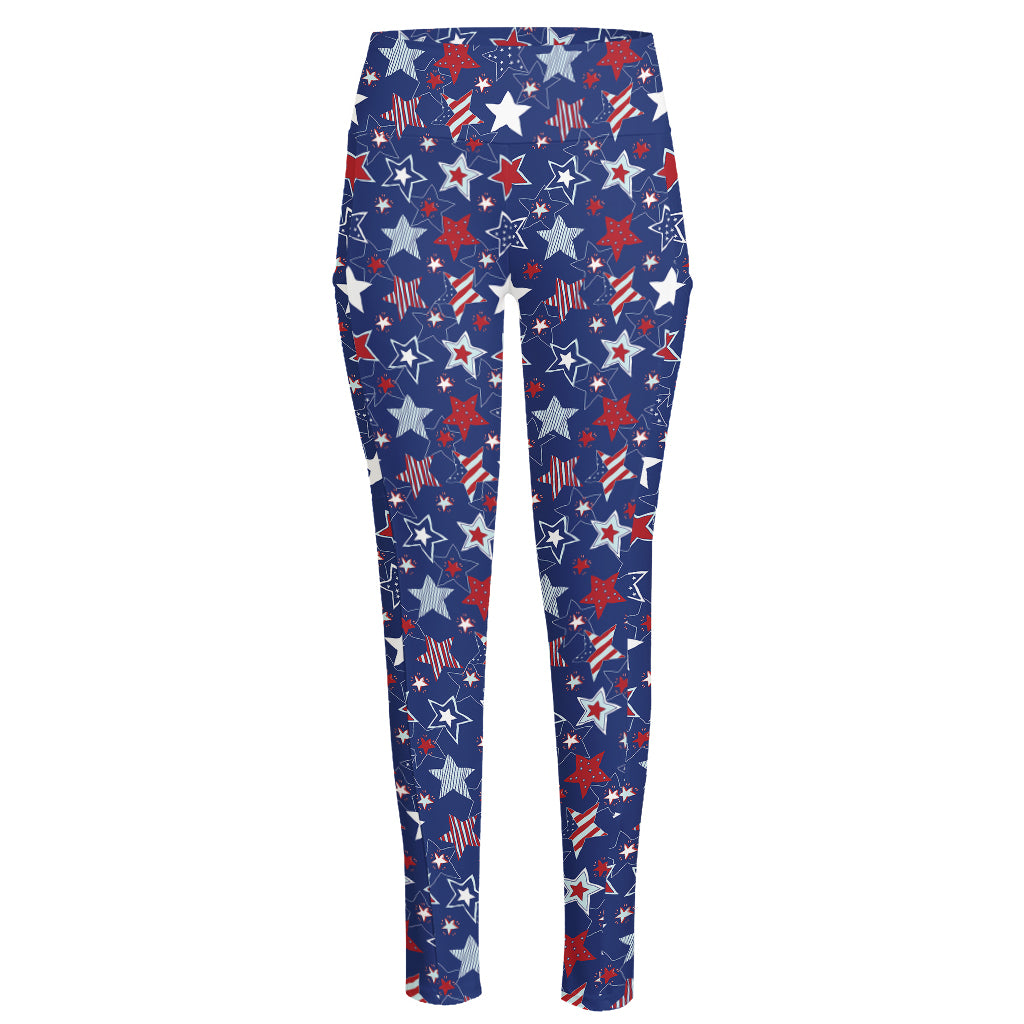 4th of July American Star Pattern Print High-Waisted Pocket Leggings