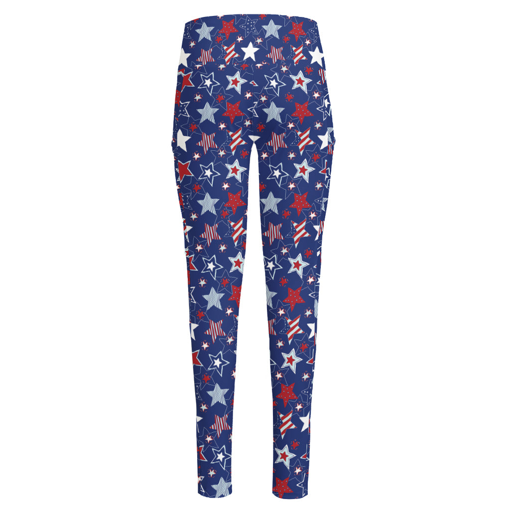 4th of July American Star Pattern Print High-Waisted Pocket Leggings