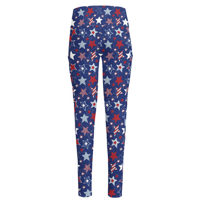 4th of July American Star Pattern Print High-Waisted Pocket Leggings