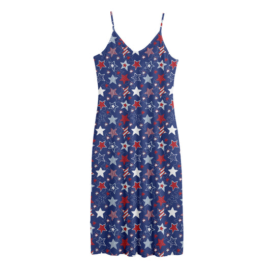 4th of July American Star Pattern Print Jersey Midi Cami Dress